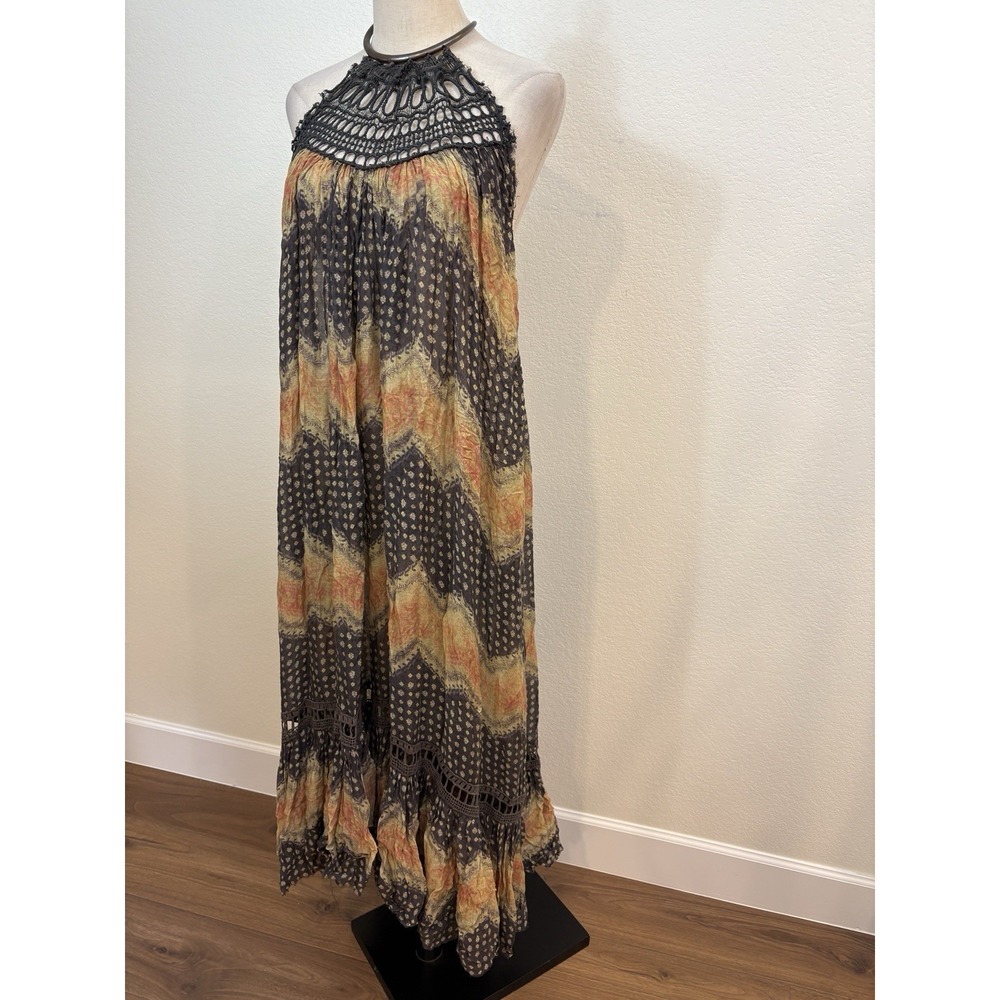 Free People Fp One Boho Crochet Halter Dress Maxi Open Back Sz S Gauze Festival - Picture 3 of 11
